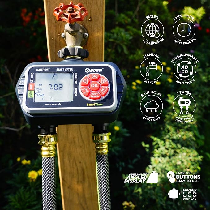 Eden 93412 Programmable Digital Water Timer 2-Zone Compatible with Wireless Soil Moisture Sensor