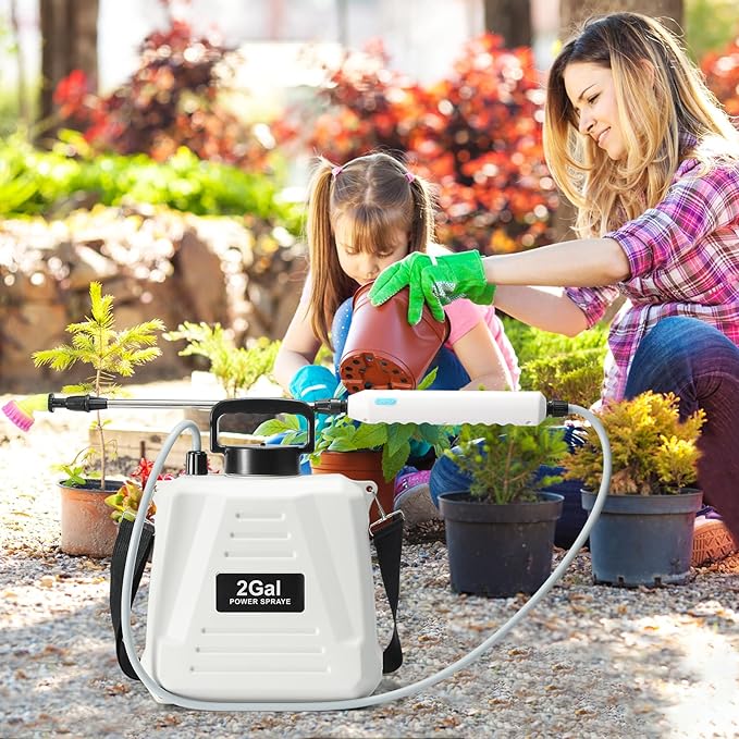 Battery Powered Sprayer 2 Gallon Powerful Electric Garden Sprayer with 3 Mist Nozzles USB Rechargeable Handle Retractable Wand and Adjustable Shoulder Strap for Irrigation Weeding (White)