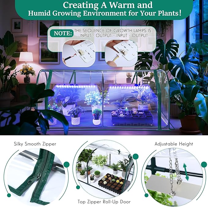 Meonum Mini Greenhouse with Grow Light 51.18 L x 25.59 W x 21.65 H Portable Greenhouses Waterproof UV-Resistant for Indoor/Outdoor Seed Starting(Dome Shape)