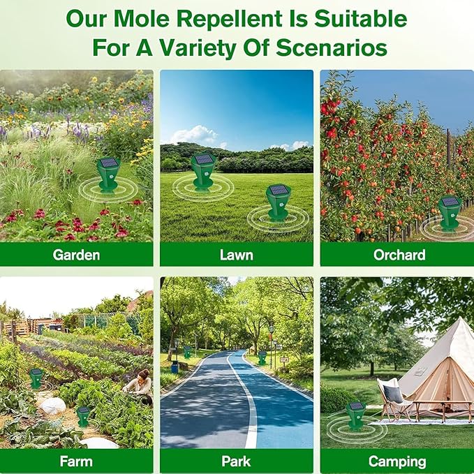 Mole Repellent Solar Powered2 Pack Ultrasonic Gopher Repeller IP65 Waterproof for Lawn Garden Yard Sonic Vole Repellent Mole Killer Outdoor Get Rid of Snake Groundhog Chipmunk Squirrels-Dark Green