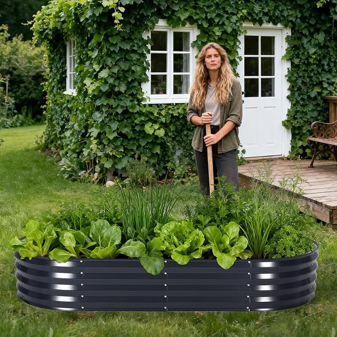 IDEALHOUSE 6'×3'×1' Oval Galvanized Steel Raised Garden Bed Kit with Removable Zippered PVC Cover &amp Open Base Outdoor Metal Planter Box for Vegetables Flowers Herbs Gray