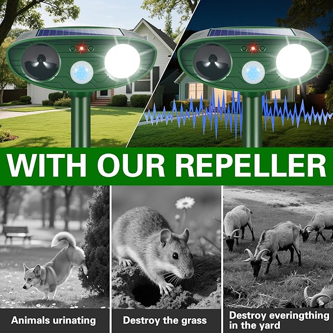 2026 Upgraded Cat Repellent Outdoor Ultrasonic with Strobe Light Deer Squirrel Skunk Repellent for YardMotion Activated Animal Deterrent Devices- Keep Dogs Raccoons Rabbits Away from Garden Farm