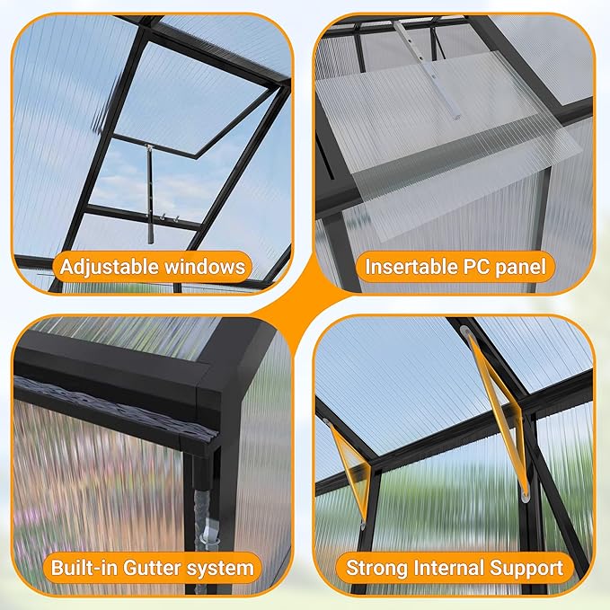 104in High 10x14FT Greenhouse for Outdoors Polycarbonate Greenhouses with Stronger Wind Protection and Roof Vent Walk-in Large Aluminum Winter-Proof Sunroom Black