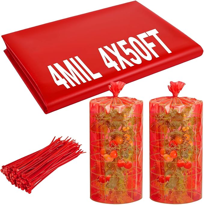 Red Greenhouse Film for Tomatoes 4Mil 4x50FT Tomato Cage Covers with Cable Ties UV Resistant Red Plastic Film for Early Harvest Easy DIY Installation Protect Plants Against Pests and Harsh Weather