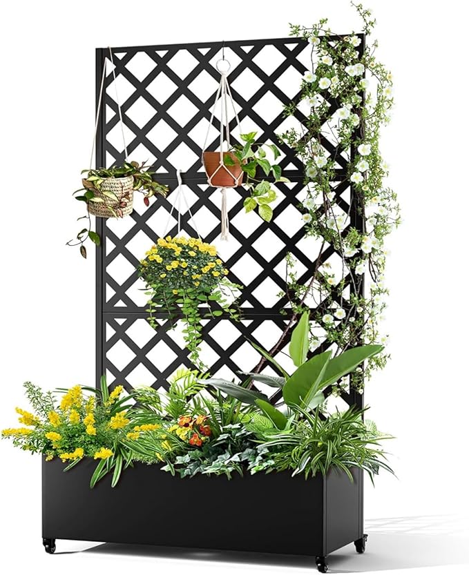 Metal Planter Box with Diamond Lattice Trellis 72x47 Galvanized Raised Garden Bed on Wheels for Climbing Plants Black
