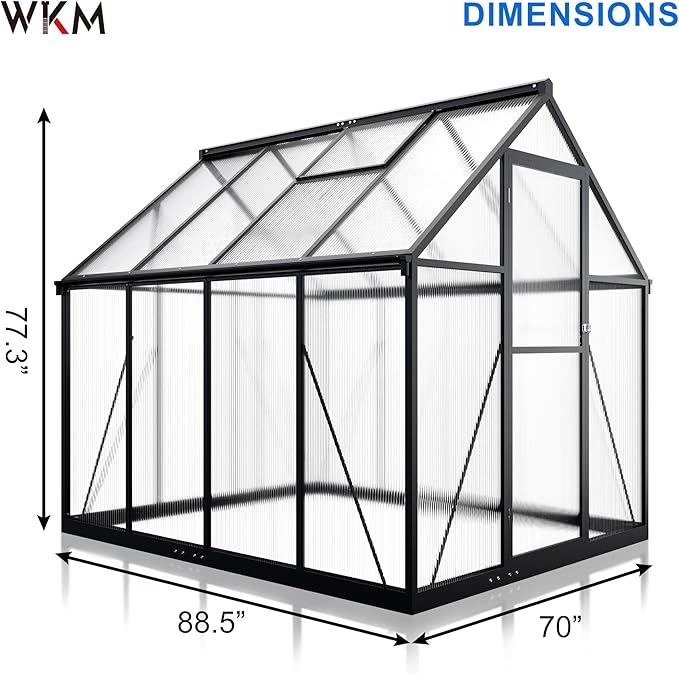 WKM 5.8x7.3 FT Greenhouse for Outdoors Quick-fit Structure Polycarbonate Greenhouse with Window for Ventilation Walk-in Aluminum Green House for Outside Garden Backyard Black