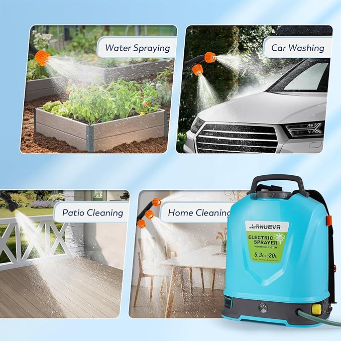 LANUEVA 5.28 Gal/20L Battery Powered Sprayer with Mixing System 78-101 PSI Adjustable Electric Backpack Sprayer with Six Mist Nozzles&ampTelescopic Wand Weed Sprayer for Lawn Garden Home Cleaning