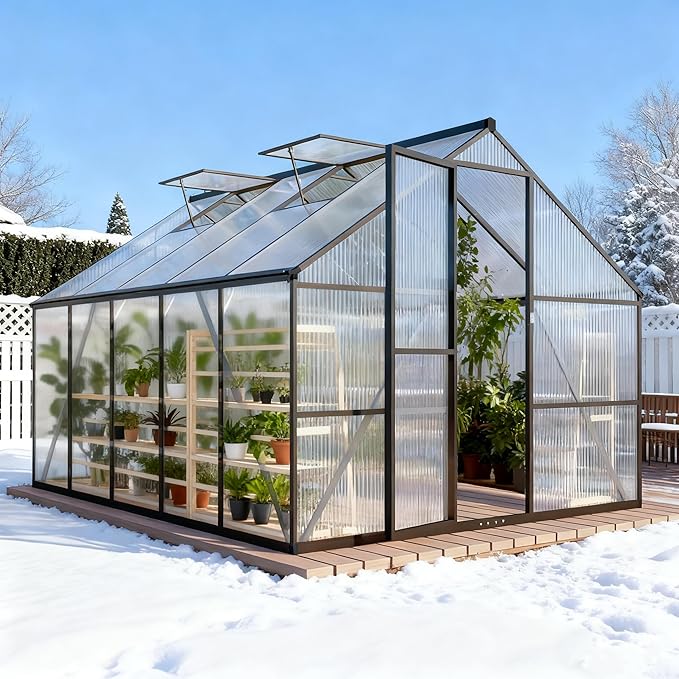 8x10 FT Outdoor Greenhouse for Winter Greenhouse Kit with Aluminum Frame Polycarbonate Panels Lockable Door Adjustable Roof Vent Heavy Duty Walk-in Design for Backyard Garden and Patio