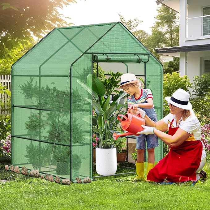 Greenhouse 56 x 56 x 76'' Heavy Duty Greenhouses for Outdoors Green House with Roll-Up Door Thicken PE Cover Portable Walk-in Green Houses for Outside with 3 Tier 8 Shelves