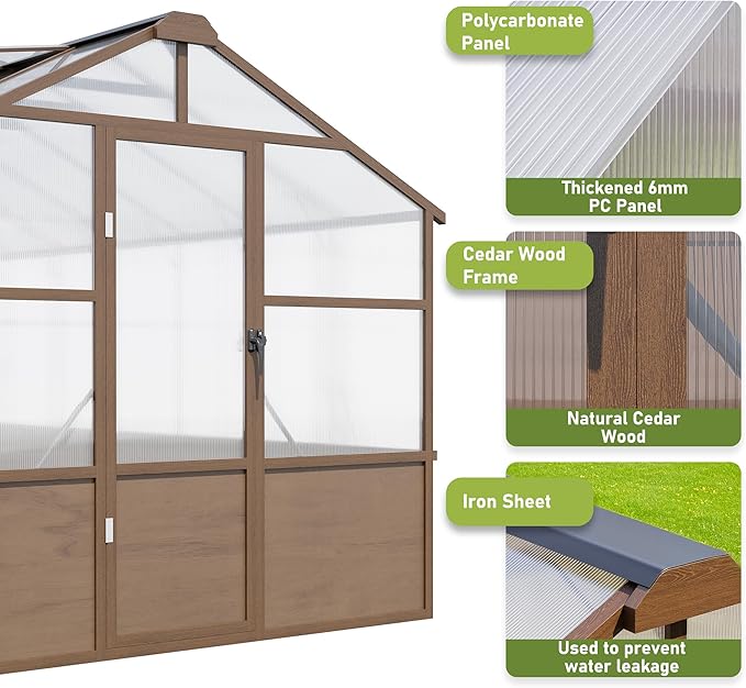 8x14 FT Wooden Greenhouse for Outdoors Walk in Polycarbonate Greenhouse with Locked Door and Roof Vent Heavy Duty Green Houses with Cedar Frame for Outside Garden Backyard Brown