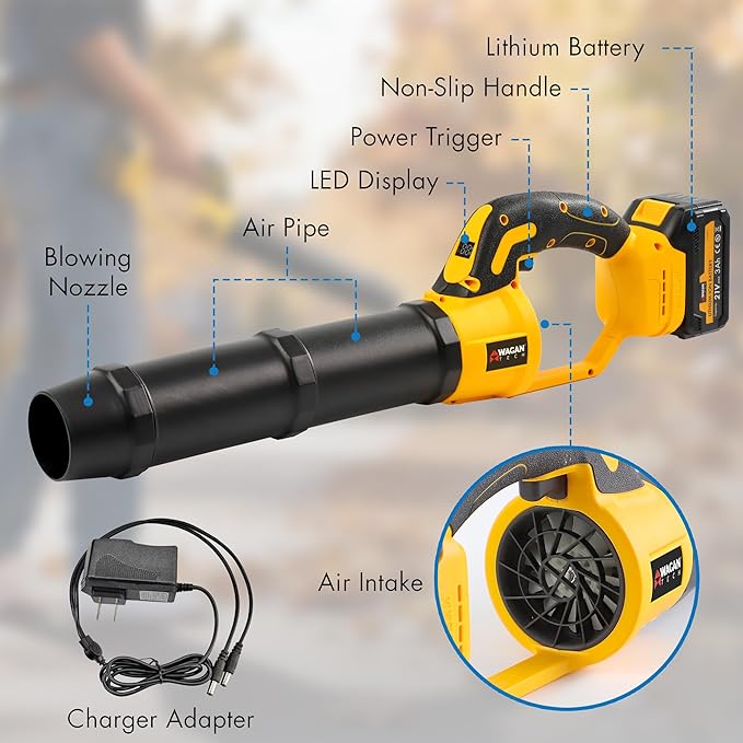 Wagan EL7214 OneVolt Cordless Leaf Blower 40000RPM Electric Air Duster with Extension Pipes UL Certified 3.0Ah 21V Battery 580CFM Lightweight Blower for Lawn Patio Dust and Snow