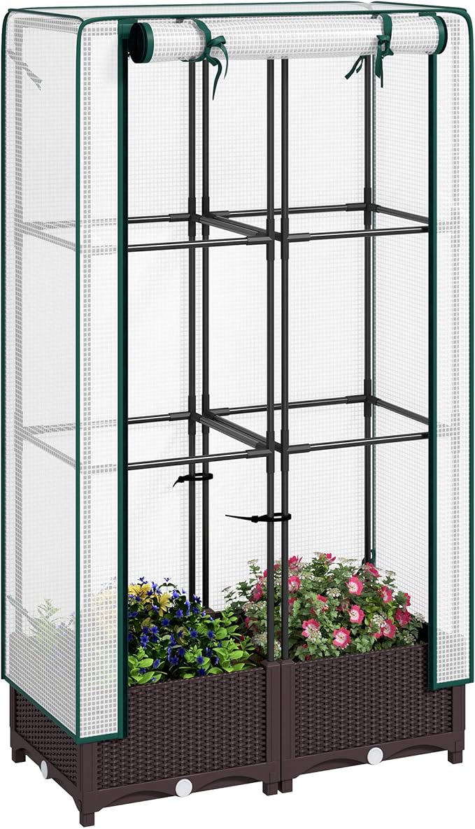 Outsunny Plastic Raised Garden Bed with Trellis Outdoor Planter Box with PE Greenhouse Cover Drainage Holes and Zipper Door for Climbing Plants Herbs and Vegetables 31.5 x 15.7 x 48.8 Brown