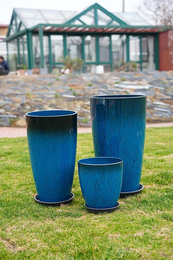 242111 Inch Large Plastic Planters with Drainage Hole and Saucer - Set of 3 Tall Plant Pots Indoor Flower Pot Tall Round Planters Outdoor Large Tall Planter