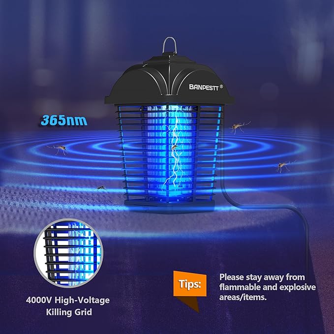 BANPESTT Bug Zapper &amp Electric 4000V Mosquito Killer – Waterproof Indoor/Outdoor with Dusk-to-Dawn Sensor Durable Grid &amp Easy-Clean Tray for Patio Garden &amp Home (Black)