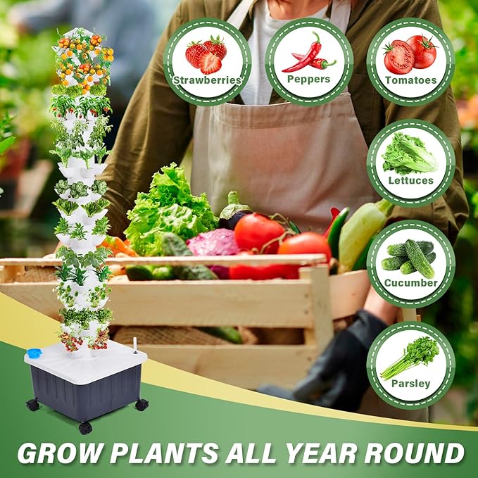 Hydroponic Tower Growing System 14 Layer 70 Pods Hydroponic Grow Tower Kit with Water Pump and Movable Water Tank Modulars Indoor/Outdoor for Vegetable Strawberries Lettuce