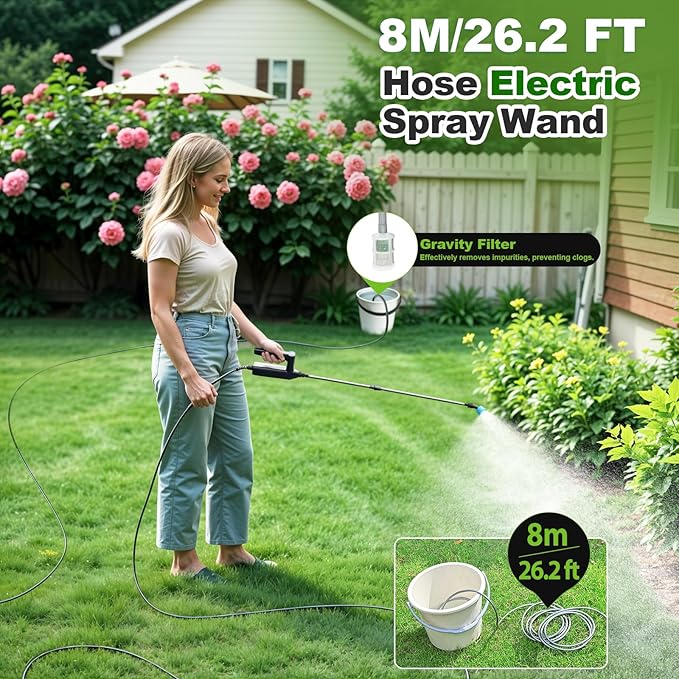 Battery Powered Sprayer Wand 32 Inch Garden Sprayer Telescopic Wand with 3 Adjustable Speeds Battery Indicator 26.2 FT Hose 7.4V Rechargeable Water Sprayer Wand with 4 Adjustable Nozzles &amp Fil