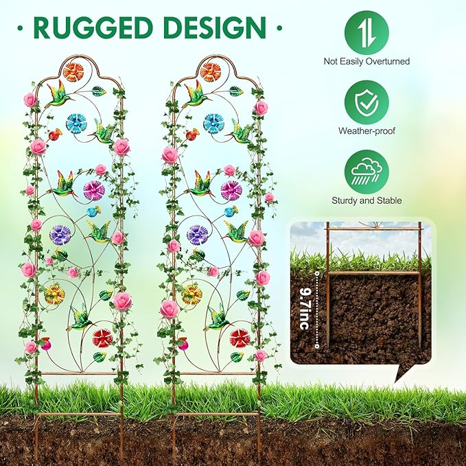 2 Pack Garden Trellis for Climbing Plants Outdoor Metal Arch Trellis for Climbing Vines Plants Support 60'' H x 11'' W Hummingbird