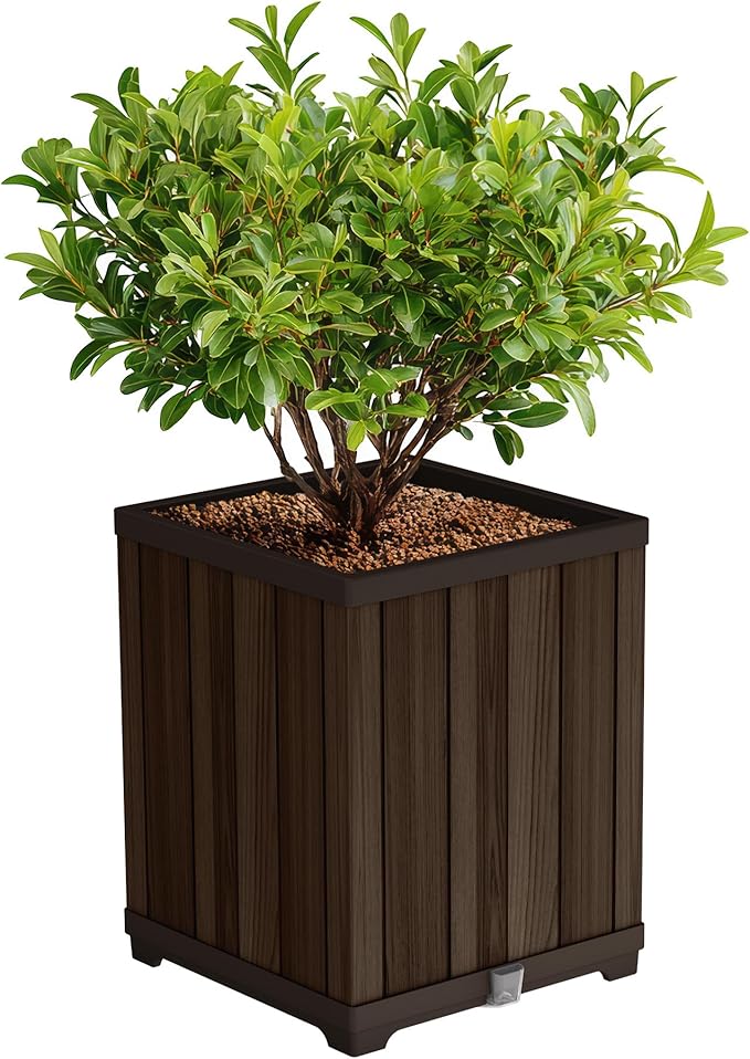 Keter Signature 21.6 Inch Tall Square Large Wood Look Planter for Indoor or Outdoor Flower Pot Ideal for Patio Deck and Front Porch Decor Rosewood