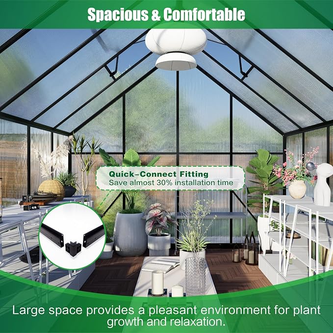 8x12 FT Greenhouse for Outdoors Polycarbonate Green House with Adjustable Roof Vent and Rain Gutter Aluminum Large Walk-in Greenhouse with Quick Setup Structure for Outside Garden Backyard Patio
