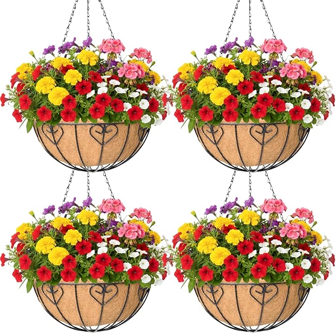 4 Pack 12 Inch Hanging Baskets for Plants Outdoor Metal Hanging Planter Basket with Coco Coir Liner Hanging Flower Baskets Hanging Flower Pots Holder for Garden Patio(Modern)