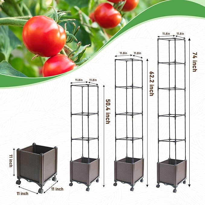 Raised Garden Bed Planter Box with Trellis 74 Self-Watering Tomato Planters for Climbing Plants Vine Flowers Outdoor Patio Tomatoes Cage with Wheels 1Pack