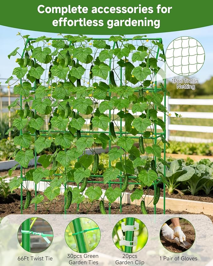 Cucumber Trellis for Climbing Plants Outdoor A-Shape Garden Trellis for Raised Bed Metal Plant Trellis with Garden Netting for Flower Vegetables Pea Grape (51 * 17.7 * 65inch(L*W*H))