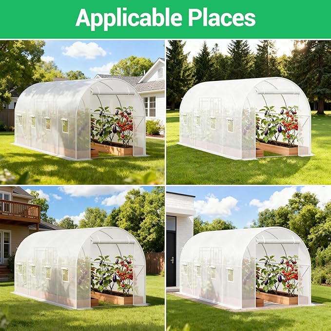Premium 14.6x6.4x6.3 Ft Greenhouse for Outdoors Large Walk-in Heavy Duty Galvanized Steel Frame Mesh Door Screen Window Tunnel Hoop Garden Plant Winter Hot House for Backyard Plants Shed White