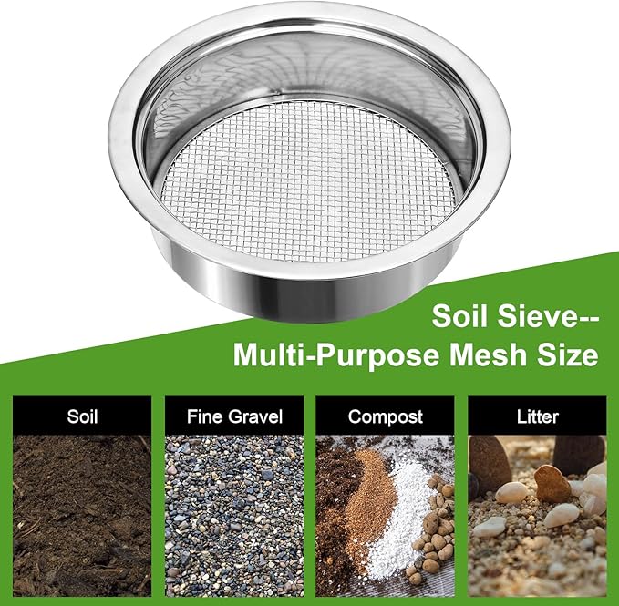 Soil Sieve Stainless Steel Riddle Sieve Set 9.5 Diameter Garden Sifter with 5 Filter Mesh Sizes 135912mm and Bonsai Soil Scoops Gardening Tool