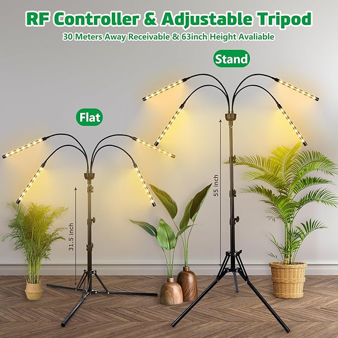 LED Grow Lights for Indoor Plants Full Spectrum with 15-63 inches Adjustable Tripod Stand Red Blue White Floor Grow Lamp with 4/8/12H Timer with Remote Control