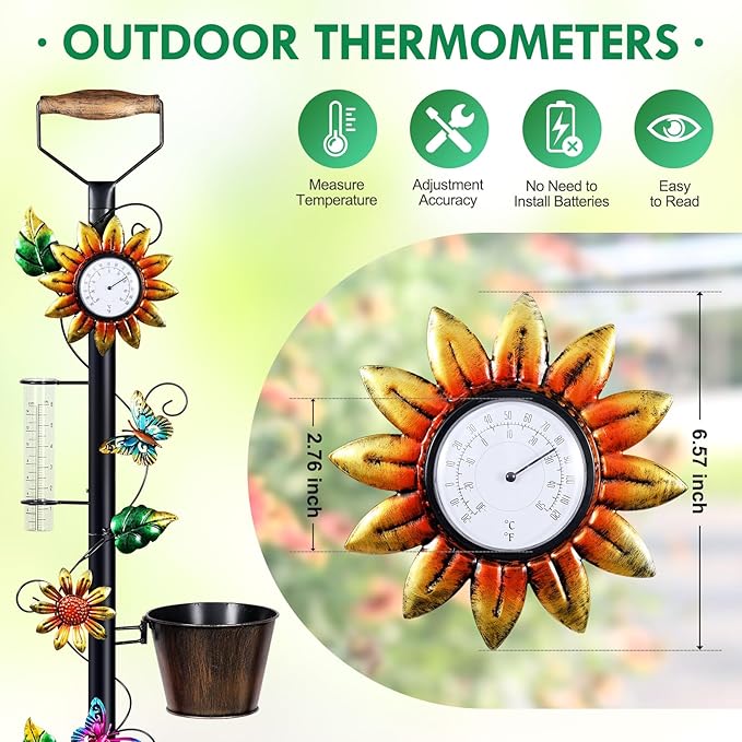 Garden Trellis with Thermometer Rain Gauge Outdoor 55 Inch Shovel Plant Trellis with Planters for Climbing Plants - Decorative for Patio Lawn Yard Backyard