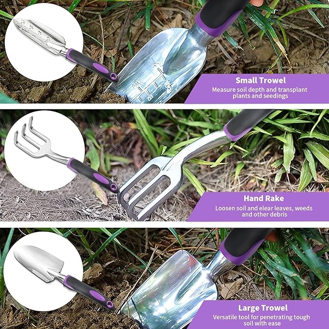 Covacure Gardening Tool Set - 11 Piece Aluminum Alloy Steel Hand Tool Starter Kit with Garden Bag Outdoor Tool Heavy Duty Gardening Work Set Gardening Gifts for Women and Men