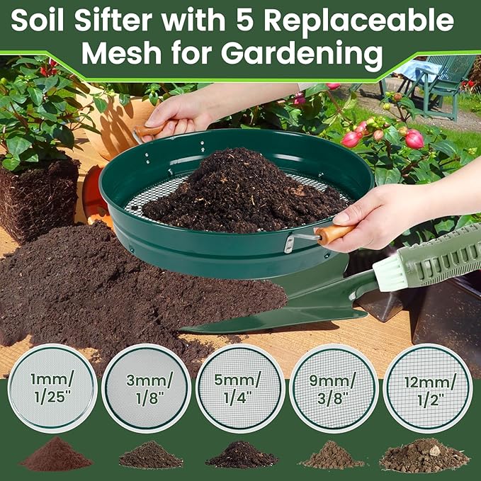 Large 14.57 Soil Sifter with 5 Interchangeable Stainless Steel Mesh Screens (1/3/6/9/12mm) + Stainless Steel Hand Trowel + Galvanized Garden Sieve for Compost Sand Gravel &amp Cat Litter (Green)