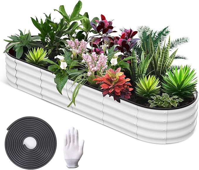 Raised Garden Bed8x2x1ft Large Outdoor Planter Boxes Kit with Galvanized Steel Open-Ended Base Design Elevated Planter for Outdoor Plants Durable Raised Bed for GardeningWhite