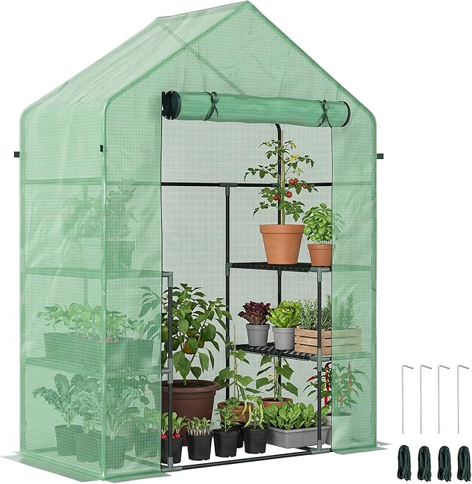 Outsunny 56 x 29 x 76 Portable Walk-In Garden Greenhouse with Built In 3-Tier Shelves
