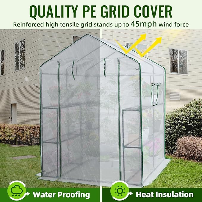 Greengro Greenhouse 57 x 57 x 76'' Greenhouses for Outdoors Portable Greenhouse Kit with Mesh Side Windows PE Cover 8 Shelves Heavy Duty Walk in Green House for Backyard Garden Indoor Outside