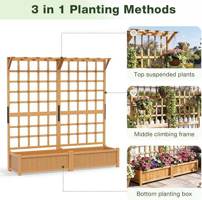 Aoxun 108 Raised Garden Bed with Trellis Wood Planter Container with Hanging Roof &amp Garden Boxes for Climbing Plants Flowers Vine (3 piece)
