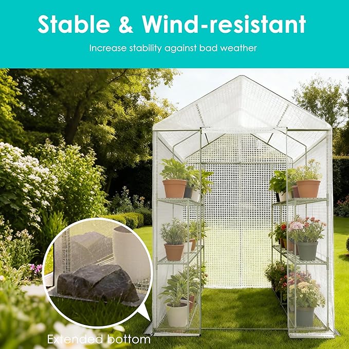 Twira Greenhouse for Outdoors 48 x 73.2 x 74.8 Walk in Plant Greenhouses Heavy Duty with Thicken PE Cover 3 Tiers 8 Shelves Greenhouse Plastic Portable Green House for Outside Patio Gardening