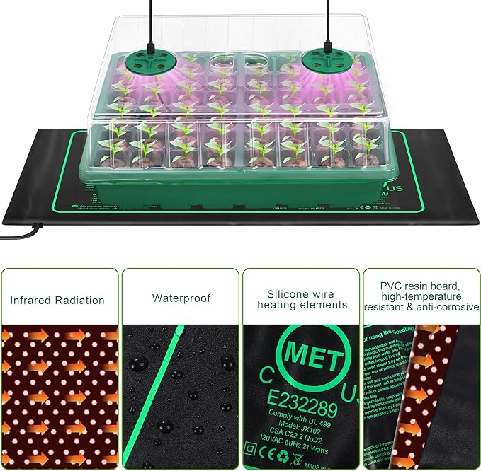 Seed Starter Kit with Grow Light Seedling Heat Mat 48 Cells Seed Starter Tray with Humidity Dome and Base Germination Trays Plastic Growing Trays Plant Propagation Kit for Seed Starting Green