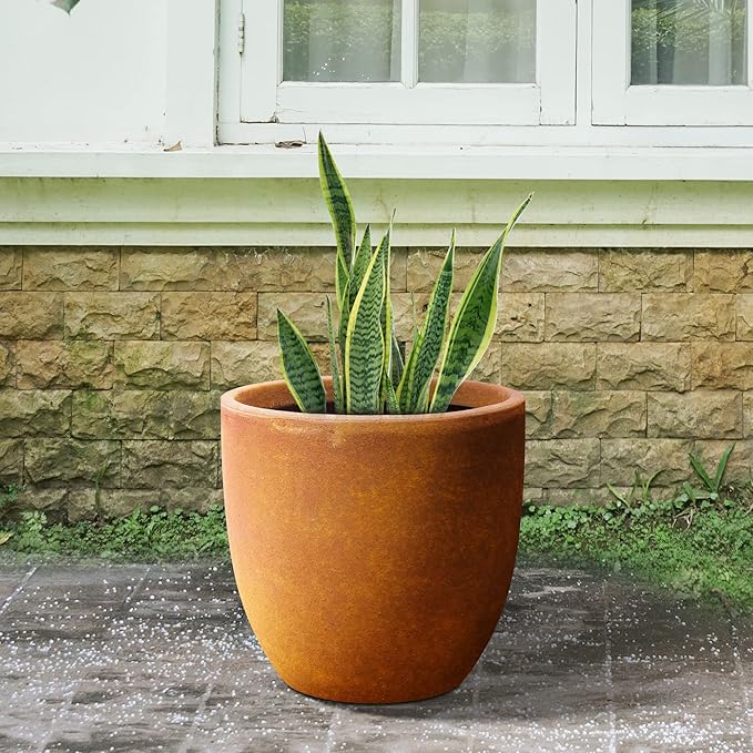 Kante 13.4 Dia Round Concrete Planter Large Outdoor Modern Indoor Decorative Plant Pots with Drainage Hole and Rubber Plug for Home and Garden Iron Oxide