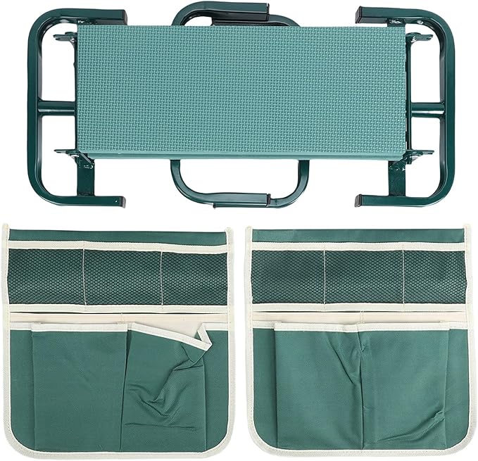 Garden Kneeler Seat Height Adjustable Foldable Gardening Stool Bench with 2 Tool Pouches for Kneeling Sitting Gardening Camping Picnics (Green)
