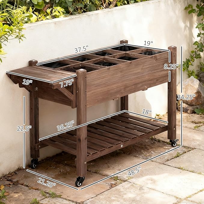 Outsunny Raised Garden Bed with 8 Grow Grids Wooden Outdoor Plant Box Stand with Folding Side Table and Wheels 49 x 21 x 34 for Vegetables Flowers Herbs Brown