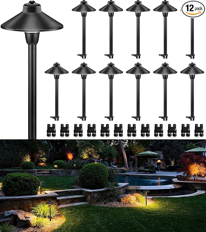SUNVIE Low Voltage Pathway Lights LED Landscape Lighting 3000K Waterproof Landscape Path Lights 3W Landscape Lighting for Walkway Yard ETL Listed Cord 12 Pack