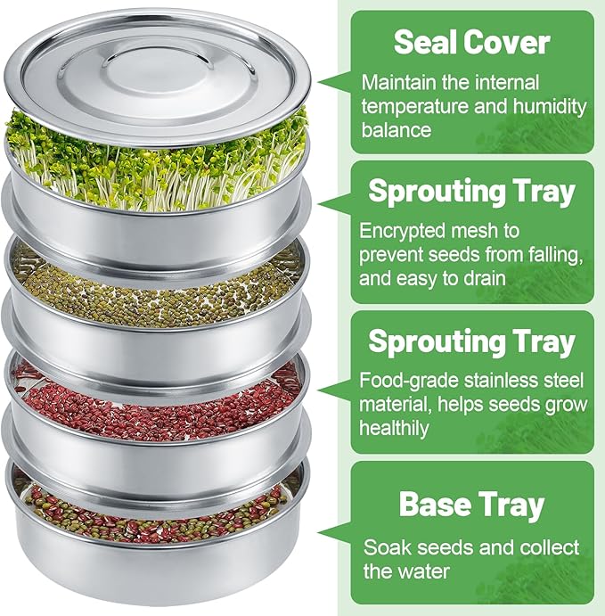 Stainless Steel Seed Sprouting Kit - 4-tier Microgreens Growing Tray 6in Dia Stackable Round Seed Sprouter Maker with Encrypted Mesh Sprouts Grower for Beans Broccoli Alfalfa Seeds Wheat Grass