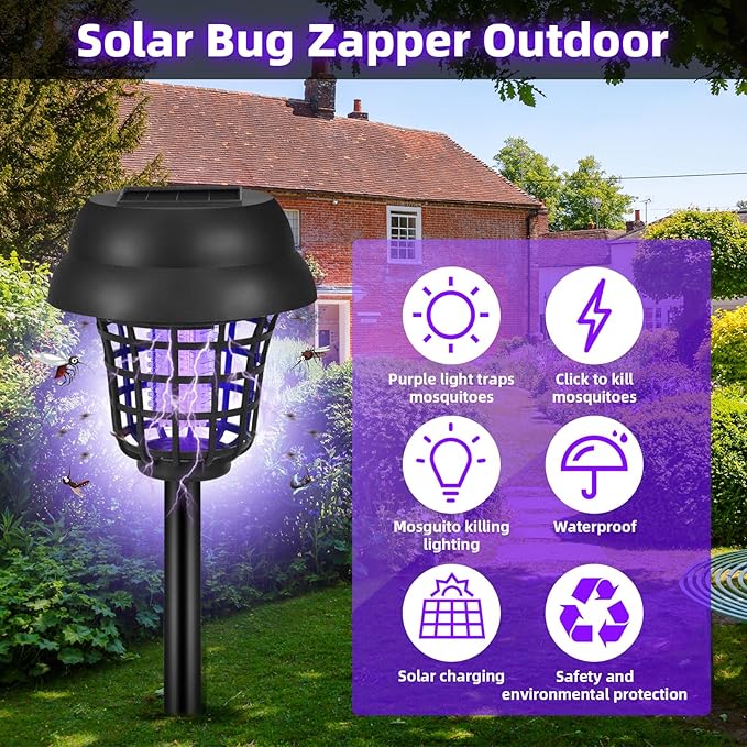 4 Pack Solar Bug Zapper Outdoor Waterproof Solar Powered Mosquito Zapper &amp Killer for Gnats Flies Moths Fruit Flies Decorative Ground Stake Light for Garden Patio Backyard Auto ON/Off