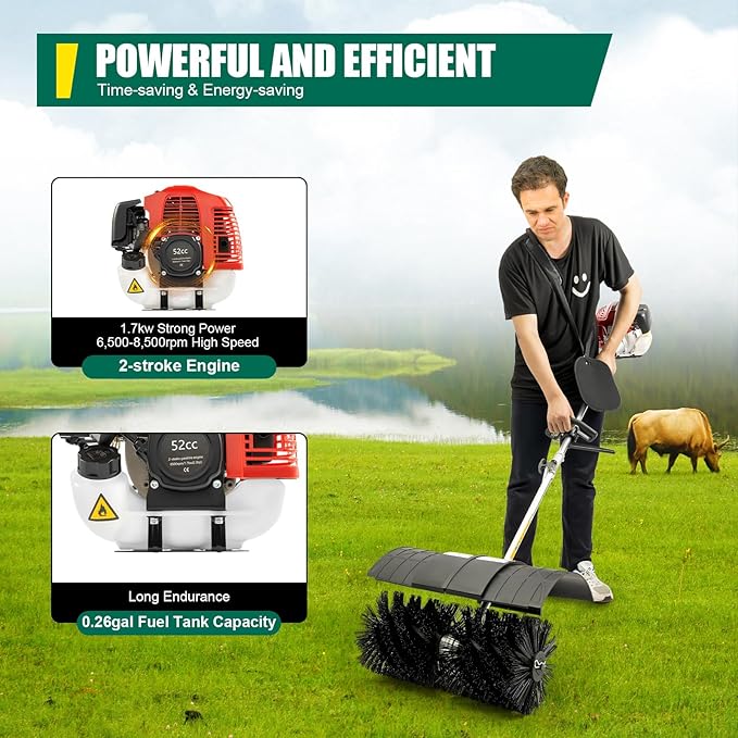 DNYSYSJ 52cc Handheld Sweeper 2-Stroke Gas Power Sweeping Broom Single Cylinder Walk Behind Sweeper Cleaning Driveway Turf Lawns Artificial Grass Power Brush Lawn Sweeper Cleaner Tools for Walkway