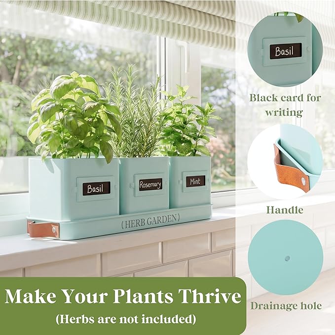 PERFNIQUE Indoor Herb Garden Herb Planter Set with Tray Farmhouse Indoor Plant Pots Windowsill Herb Garden with Drainage(Planter only) for Indoor/Outdoor Window Pots (Mint)