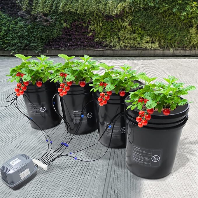 Hydroponic Gardening Systems 2-in-1 DWC Hydroponics Grow System with 5-Gallon Deep Water Culture Recirculating Drip Garden System with Top Drip Kit Air Pump 4 Buckets for Indoor/Outdoor