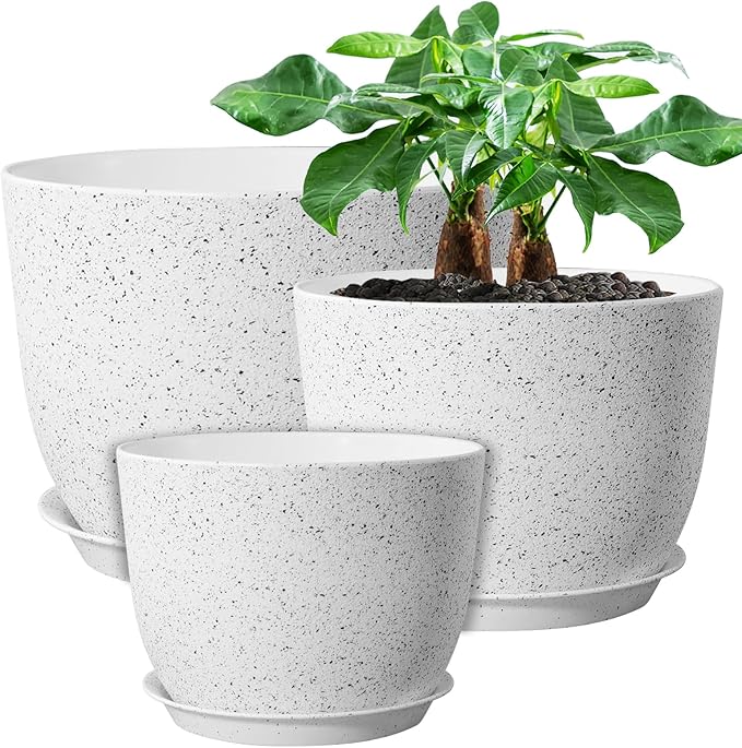 12/10/9 Large Modern Plant Pots Plastic Planters with Drainage Holes and Saucers for Indoor Outdoor Plants Flowers White Speckles