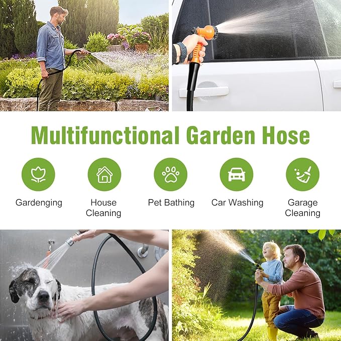 Garden Hose 75 ft x 5/8 in Heavy Duty Water Hose Flexible and Durable Lightweight Rubber Hybrid Hose Leak-Free Connections Male to Female 3/4'' Brass Fittings for Patio Lawn Black
