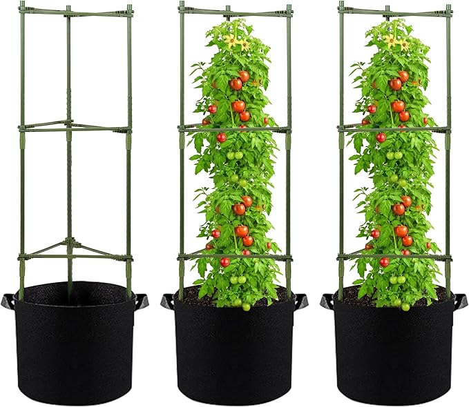 GENMOUS Tomato Cages with Grow Bags - 48 Inch Tomato Trellis for Raised Garden Bed 3-Pack Tomato Plant Support with 10 Gallon Plant Grow Bags Reusable and Height Adjustable